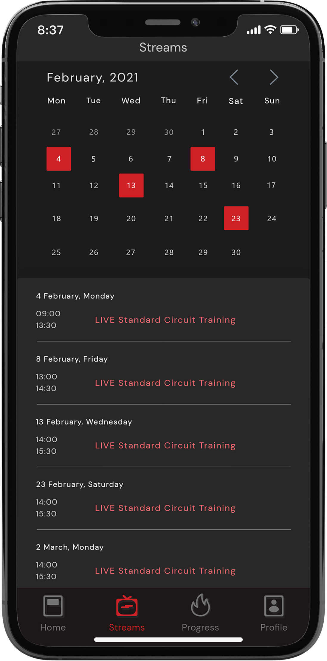 prototype design of Live Circuit app Calendar Page