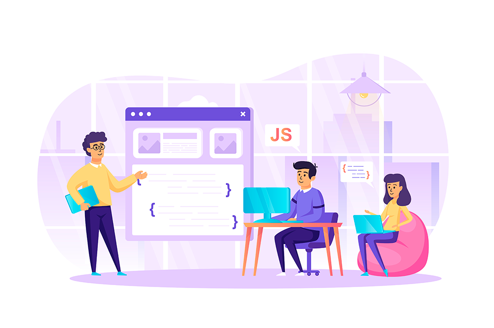 Illustration of developers writing JavaScript